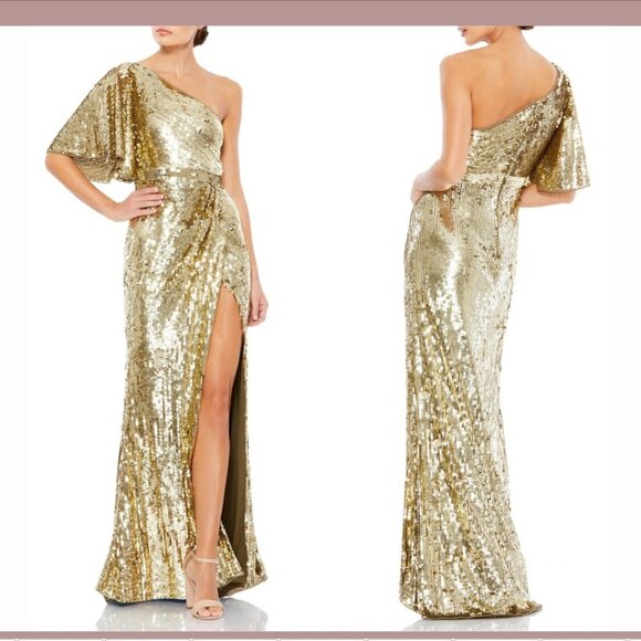 NWT $598 Mac Duggal [‎ 12 ] One Shoulder Sequin Column Gown in Gold #Q253 - Picture 1 of 14